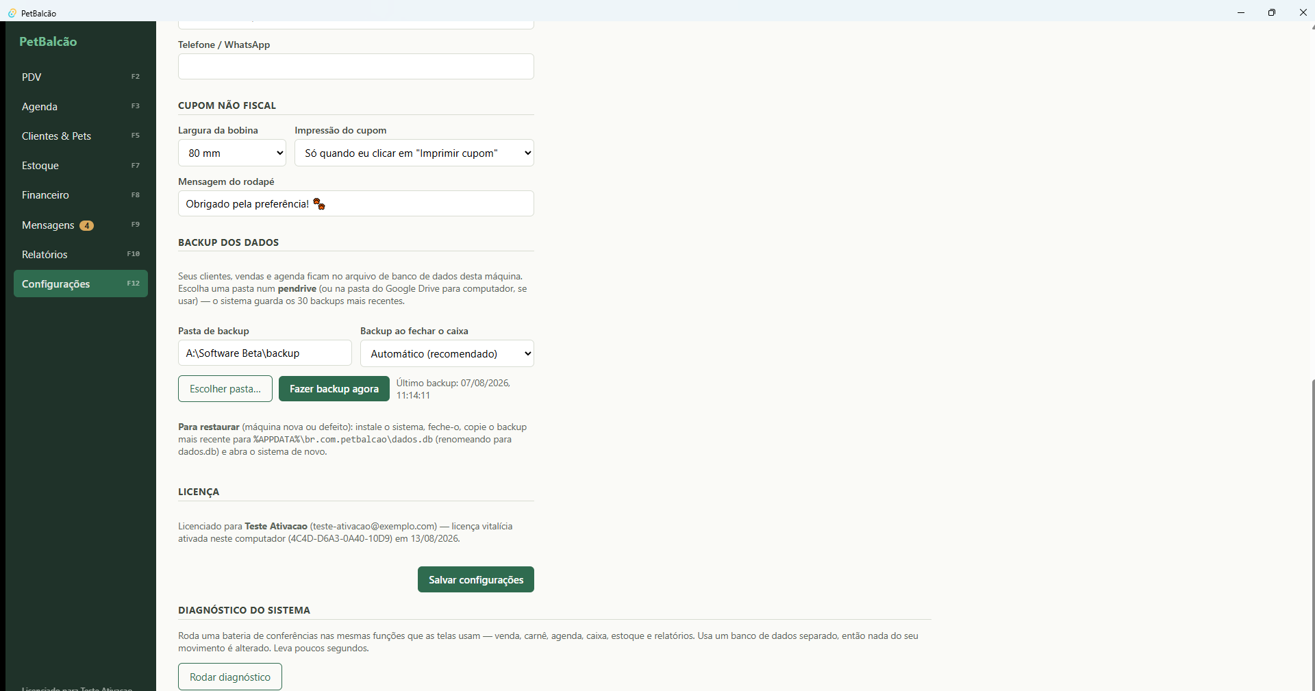 Configurações do cupom e do backup