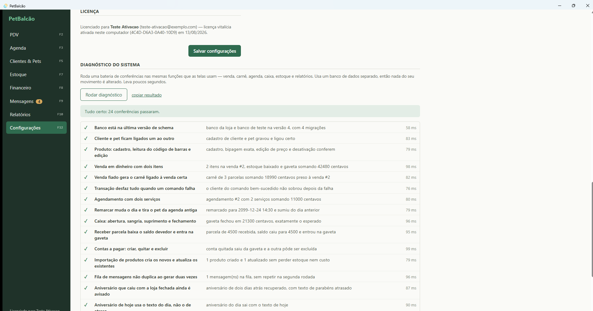 Resultado do diagnóstico do sistema
